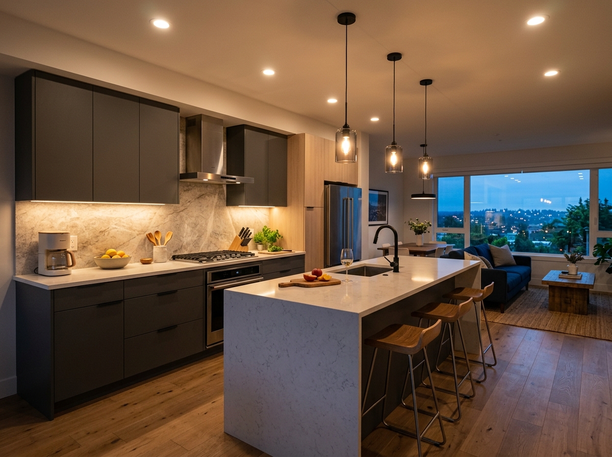 Modern kitchen dimmable LED pot light installation Toronto