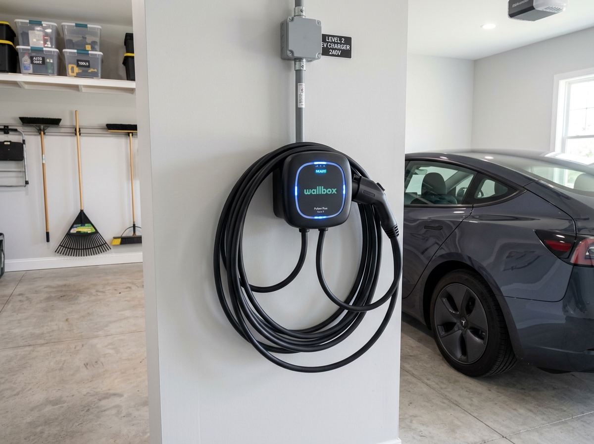 Level 2 home EV charger installation in garage by licensed Toronto electrician