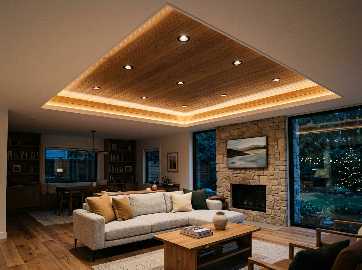 Sleek living room recessed LED pot light installation in Toronto